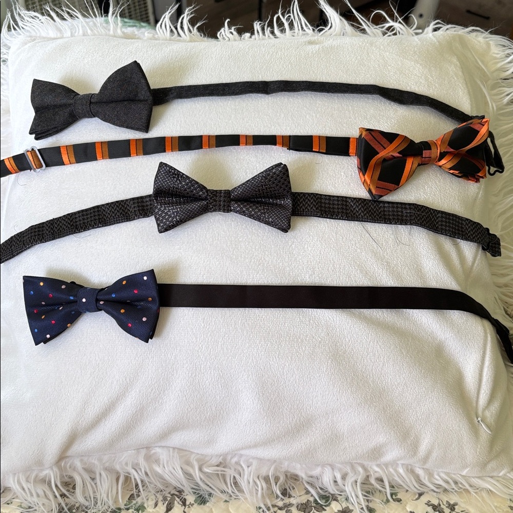 Elegant Bow Tie Collection in Black, Gray, Orange and navy blue with polka dots.